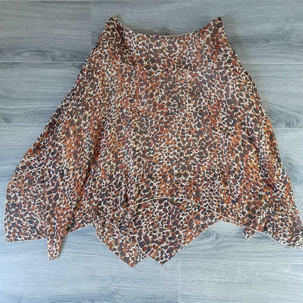 Isabella Bird Brown Abstract Dot Handkerchief Hem Skirt Size 10 Chiffon Boho